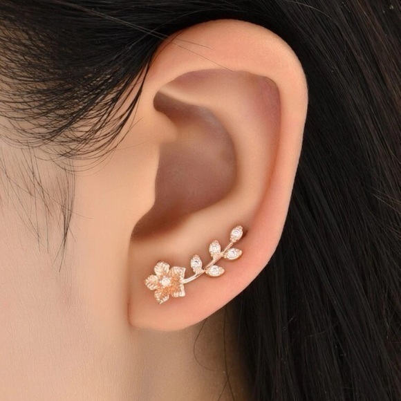 Jewelry - Cubic Zirconia Flower Ear Climbers Stud Earrings Rose Gold